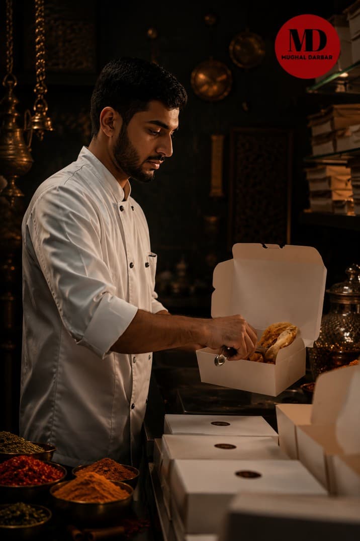 Mughal chef garnishing dish